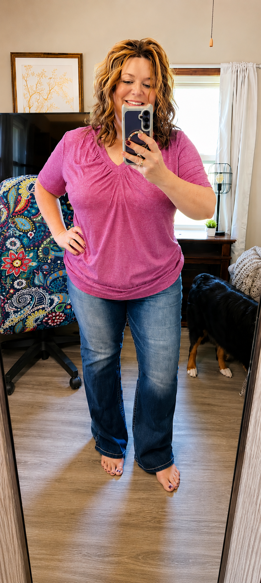 Olivia - Heathered Berry Gathered V Neck Tee with Banded Hem