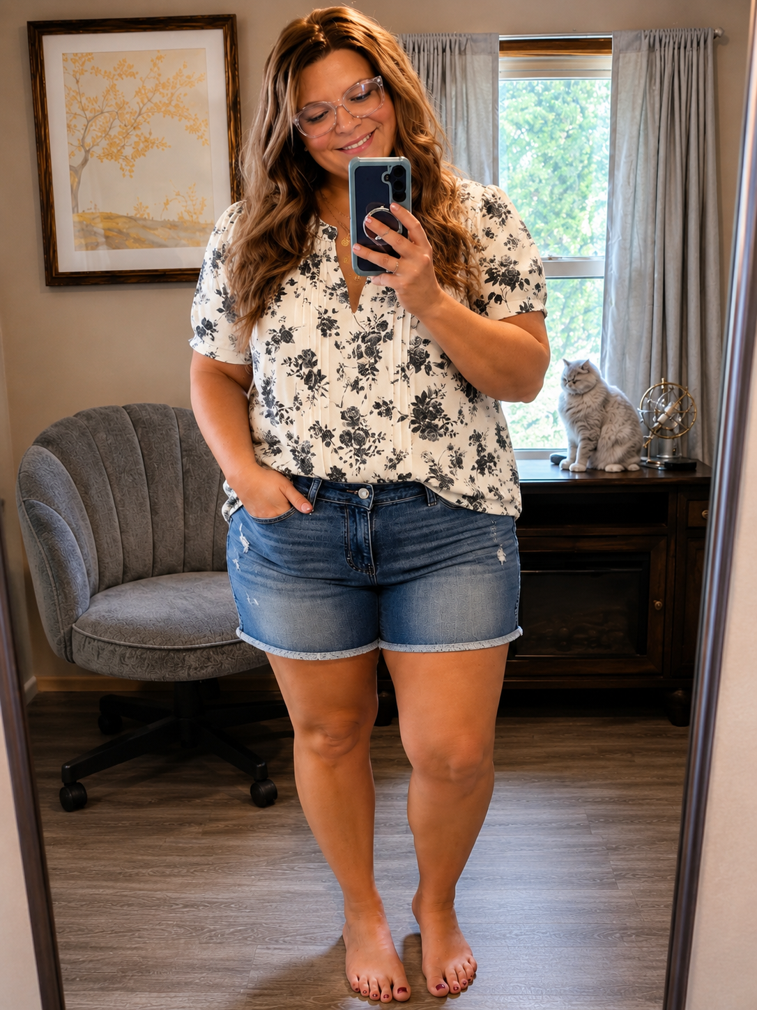 Harper- Beige with Black Floral Pattern Top