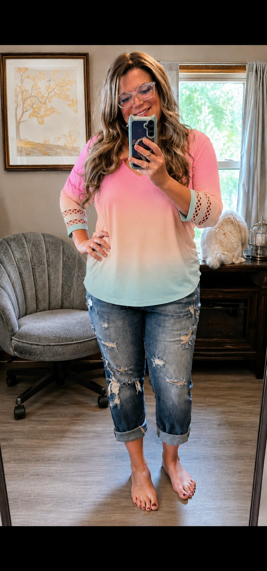 Callie- Ombre V Neck 3/4 Sleeve Top