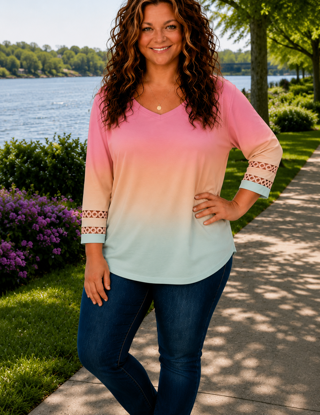 Callie- Ombre V Neck 3/4 Sleeve Top