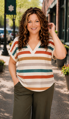 Penelope- Orange and Teal V Neck Top