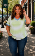 Dani- Blue Trim and Neon Green Striped V Neck Tee