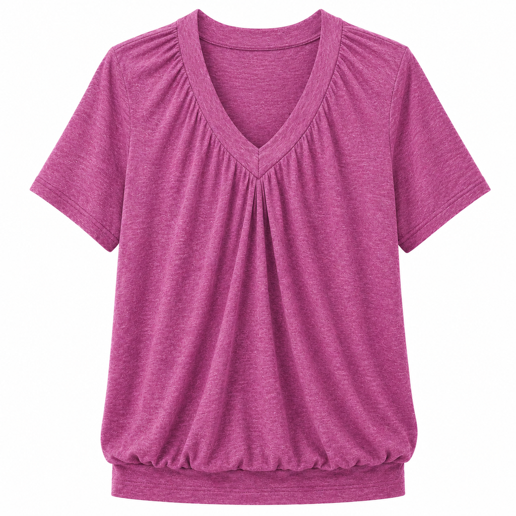 Olivia - Heathered Berry Gathered V Neck Tee with Banded Hem
