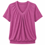 Olivia - Heathered Berry Gathered V Neck Tee with Banded Hem