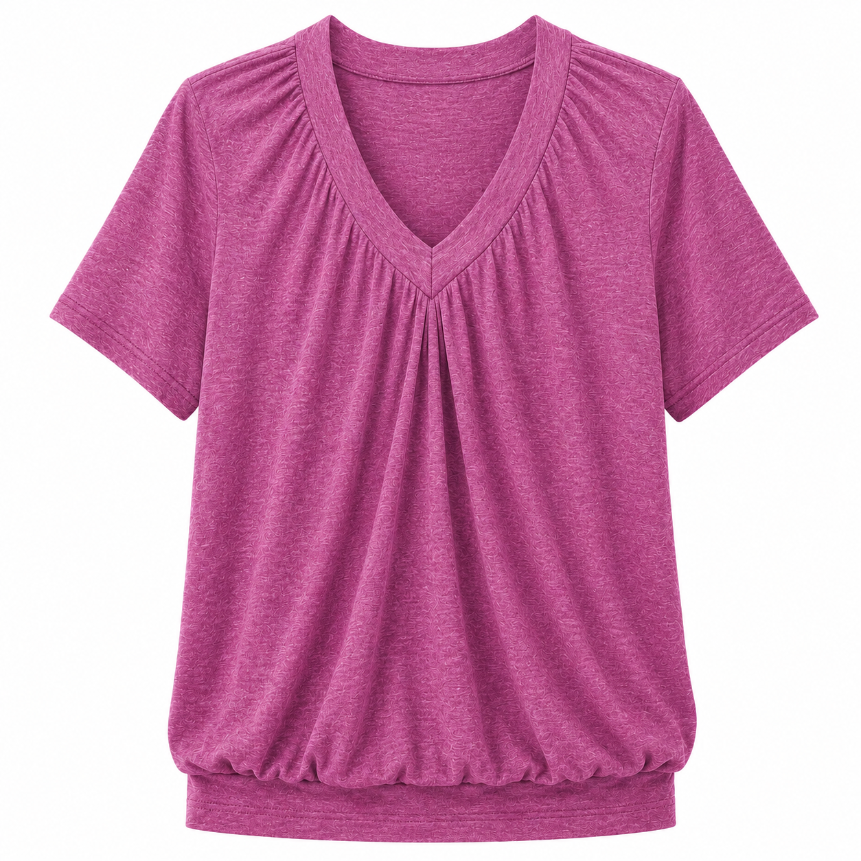 Olivia - Heathered Berry Gathered V Neck Tee with Banded Hem
