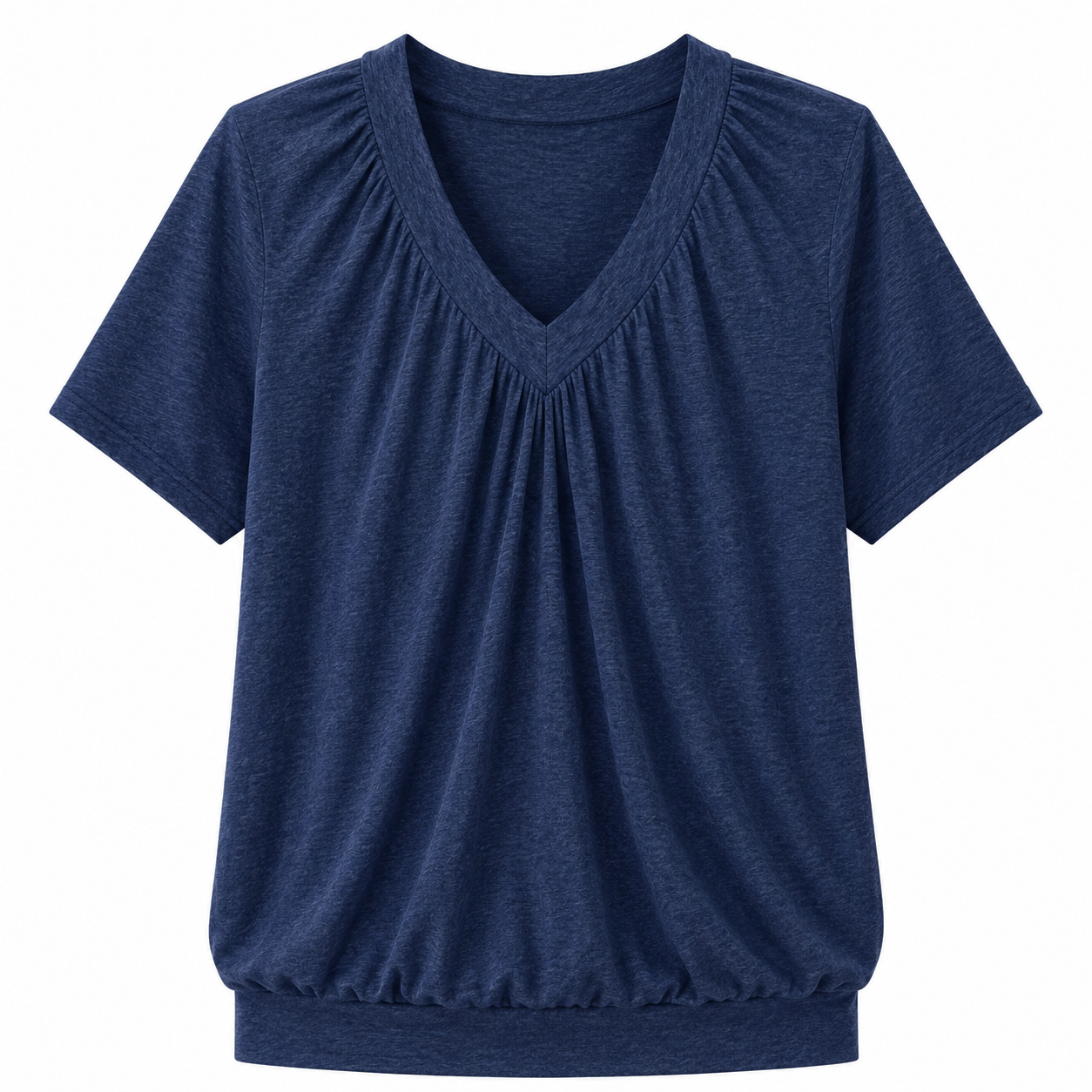Olivia - Heathered Blue Gathered V Neck Tee with Banded Hem (Copy)