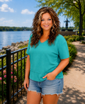 Anna- Turquoise V Neck Hem Detail Top