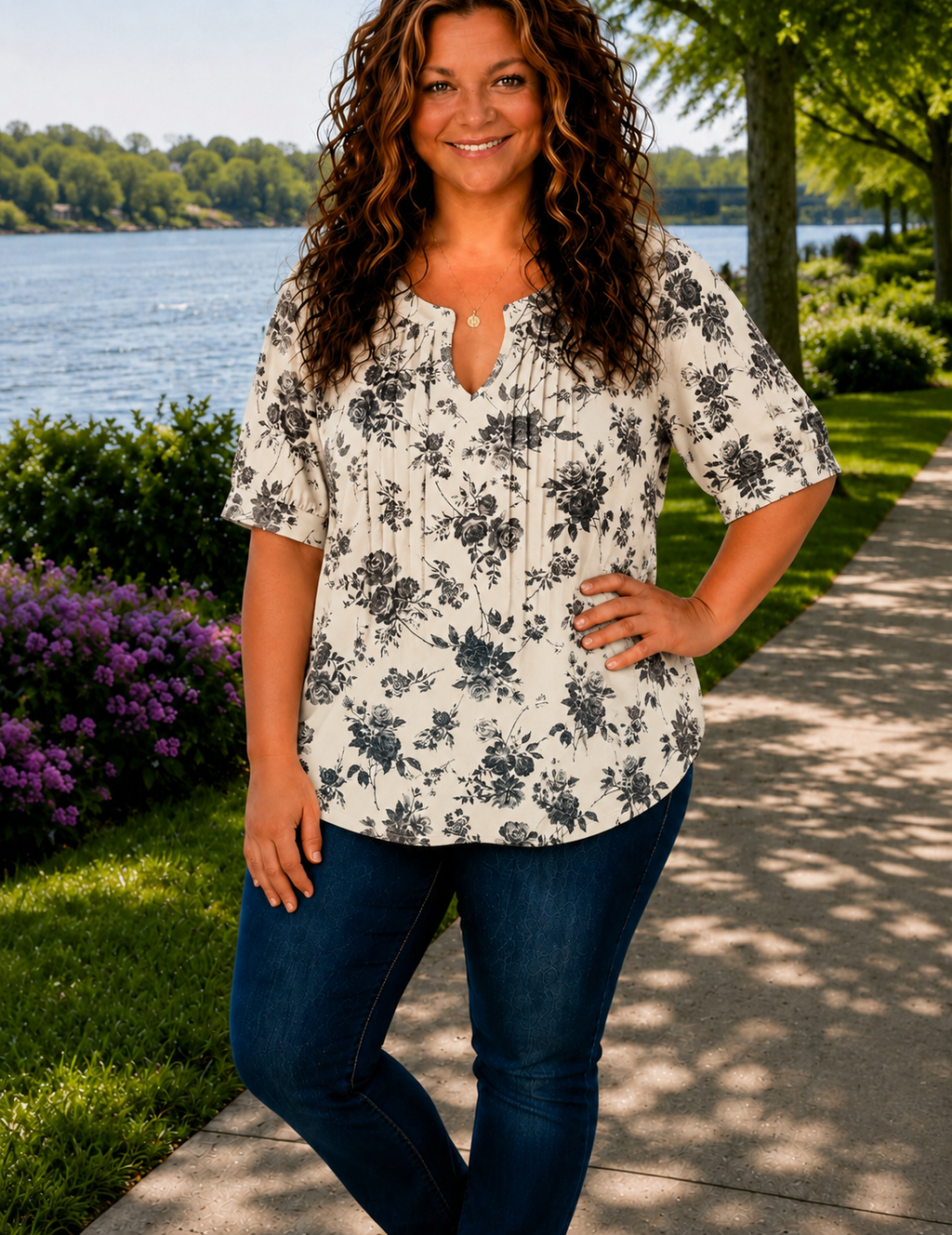 Harper- Beige with Black Floral Pattern Top