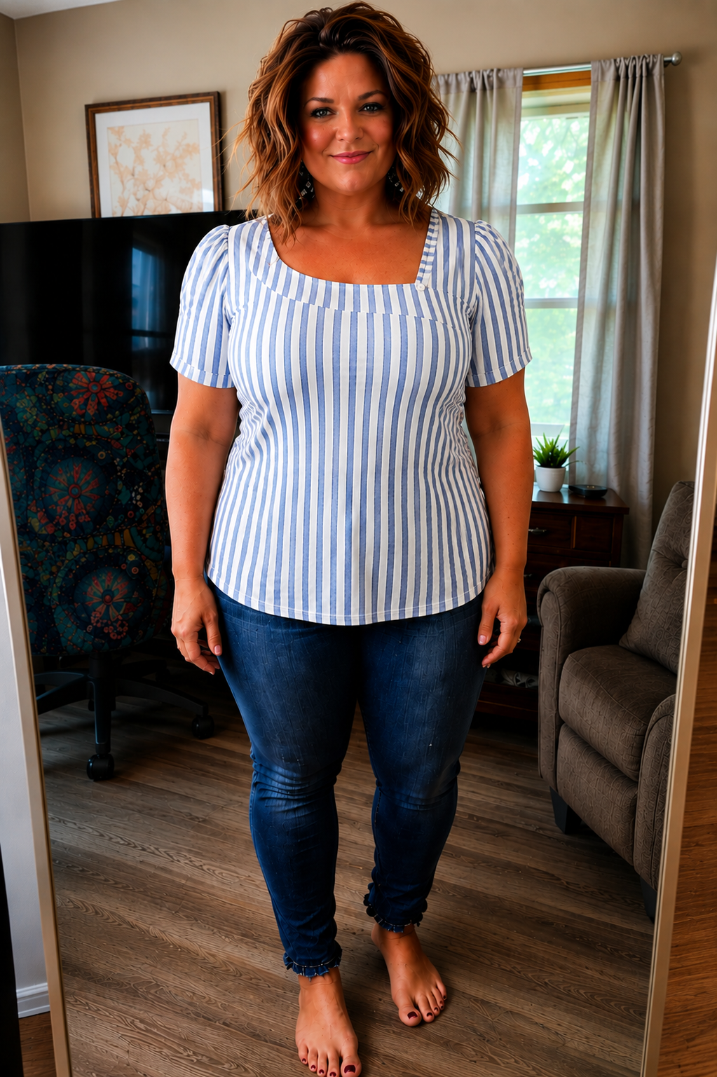 Kirsten- Blue Striped Puff Sleeve Top