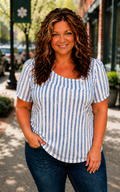 Kirsten- Blue Striped Puff Sleeve Top