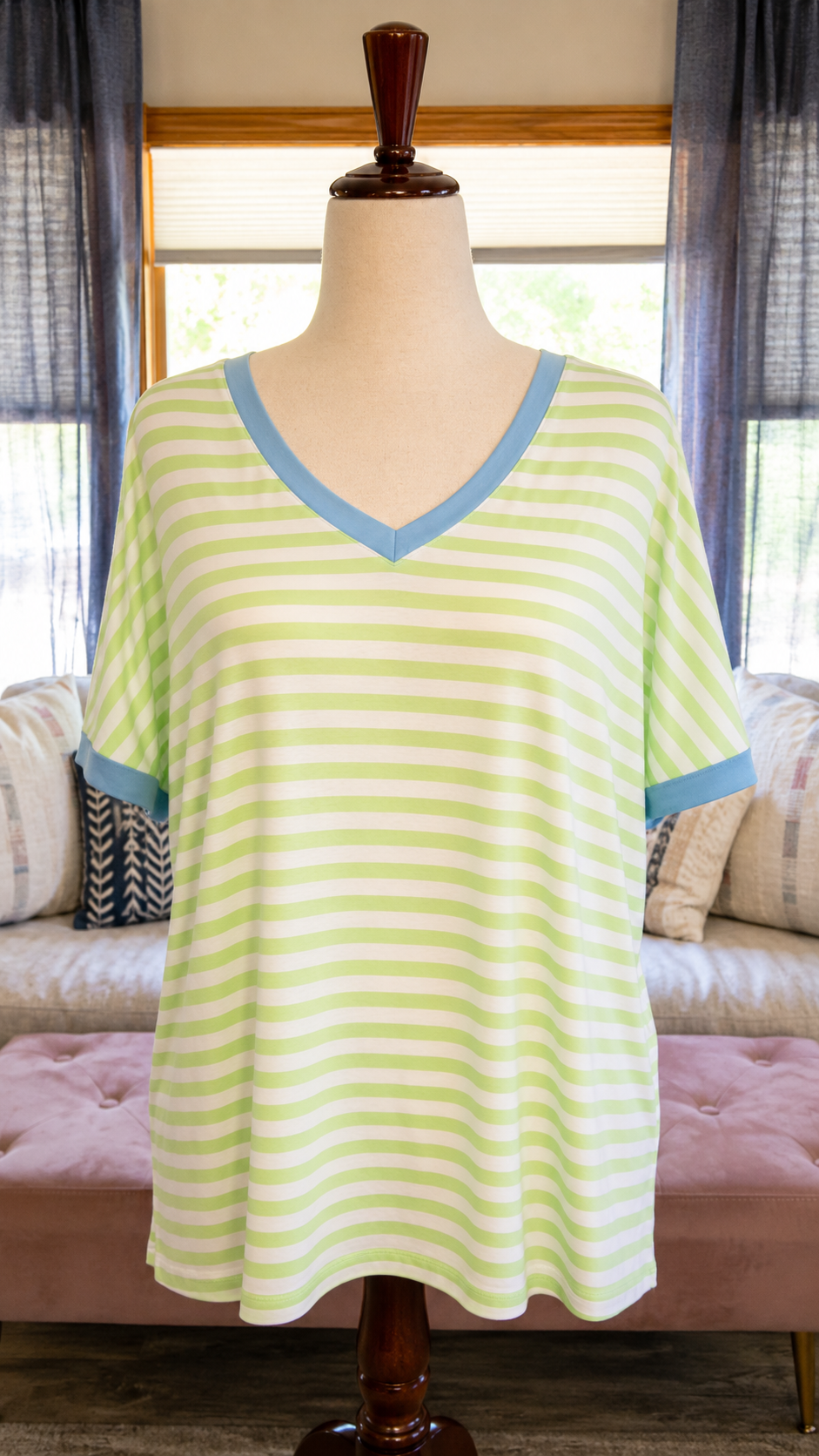 Dani- Blue Trim and Neon Green Striped V Neck Tee