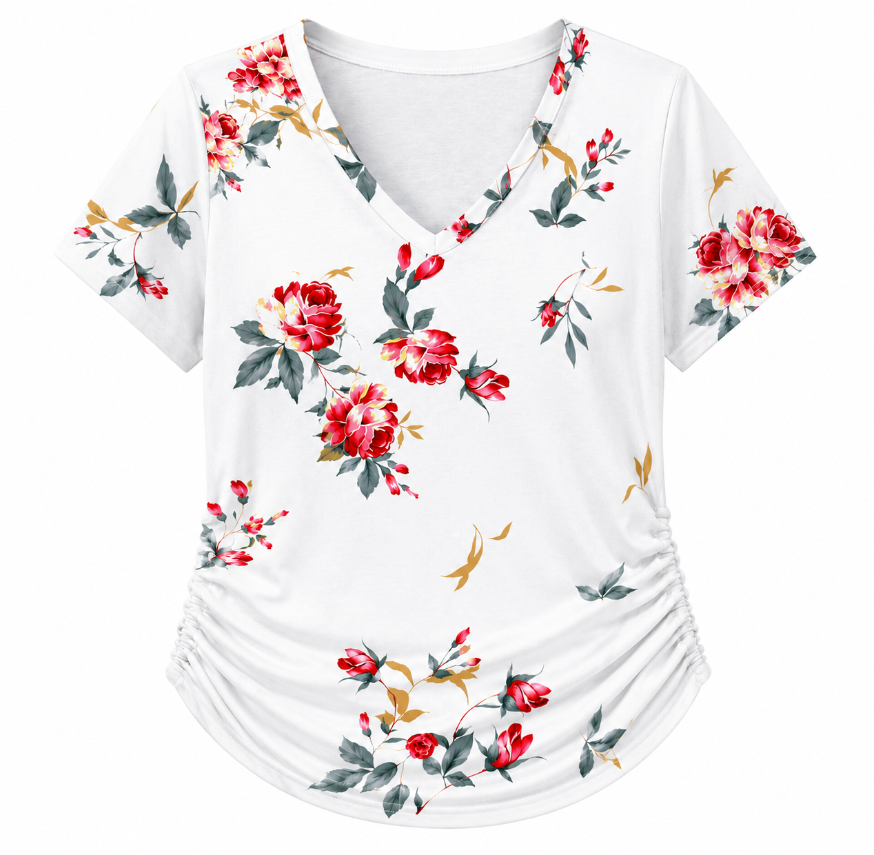 Abby- V Neck Floral with Ruched Hem