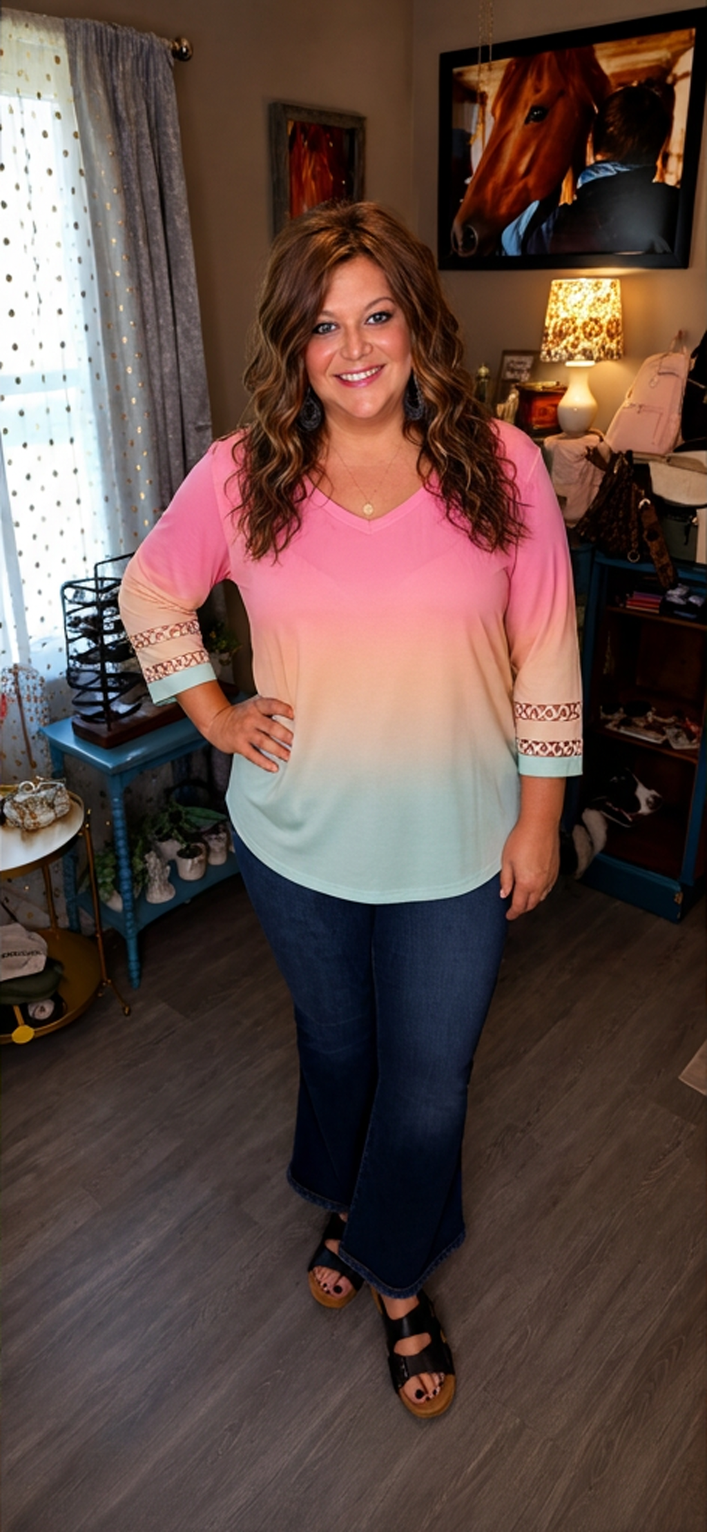 Callie- Ombre V Neck 3/4 Sleeve Top