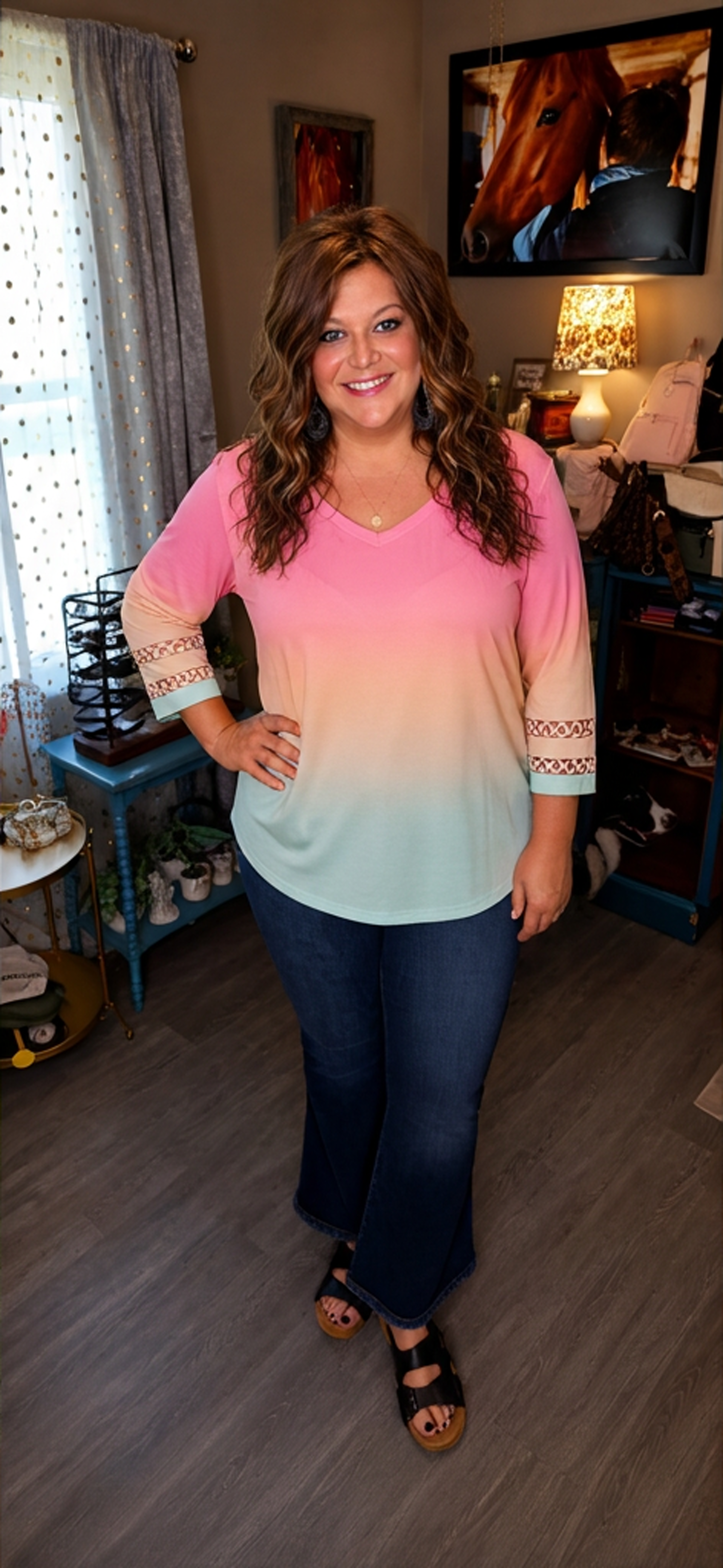 Callie- Ombre V Neck 3/4 Sleeve Top