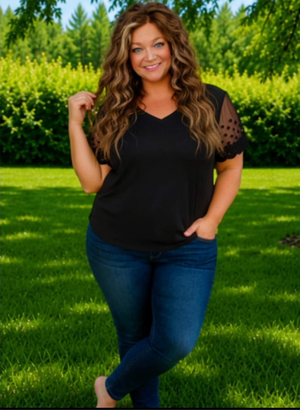 Simply Put- V Neck Lace Sleeve in Black