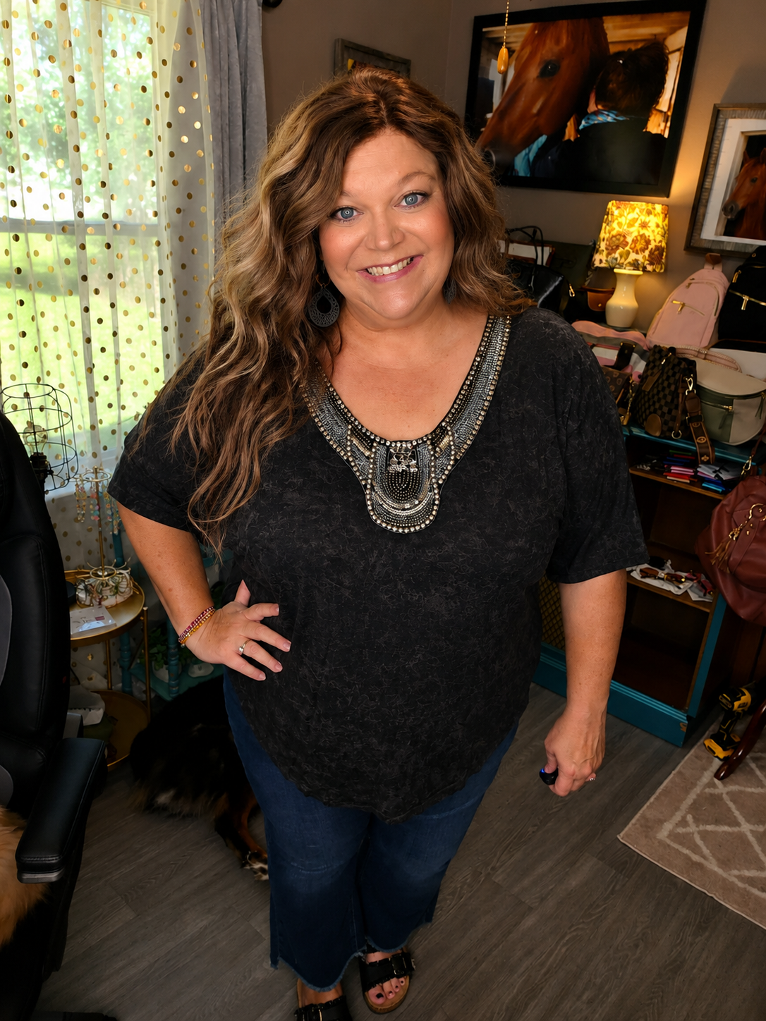All That Jazz- Oversized Jeweled Neck Top