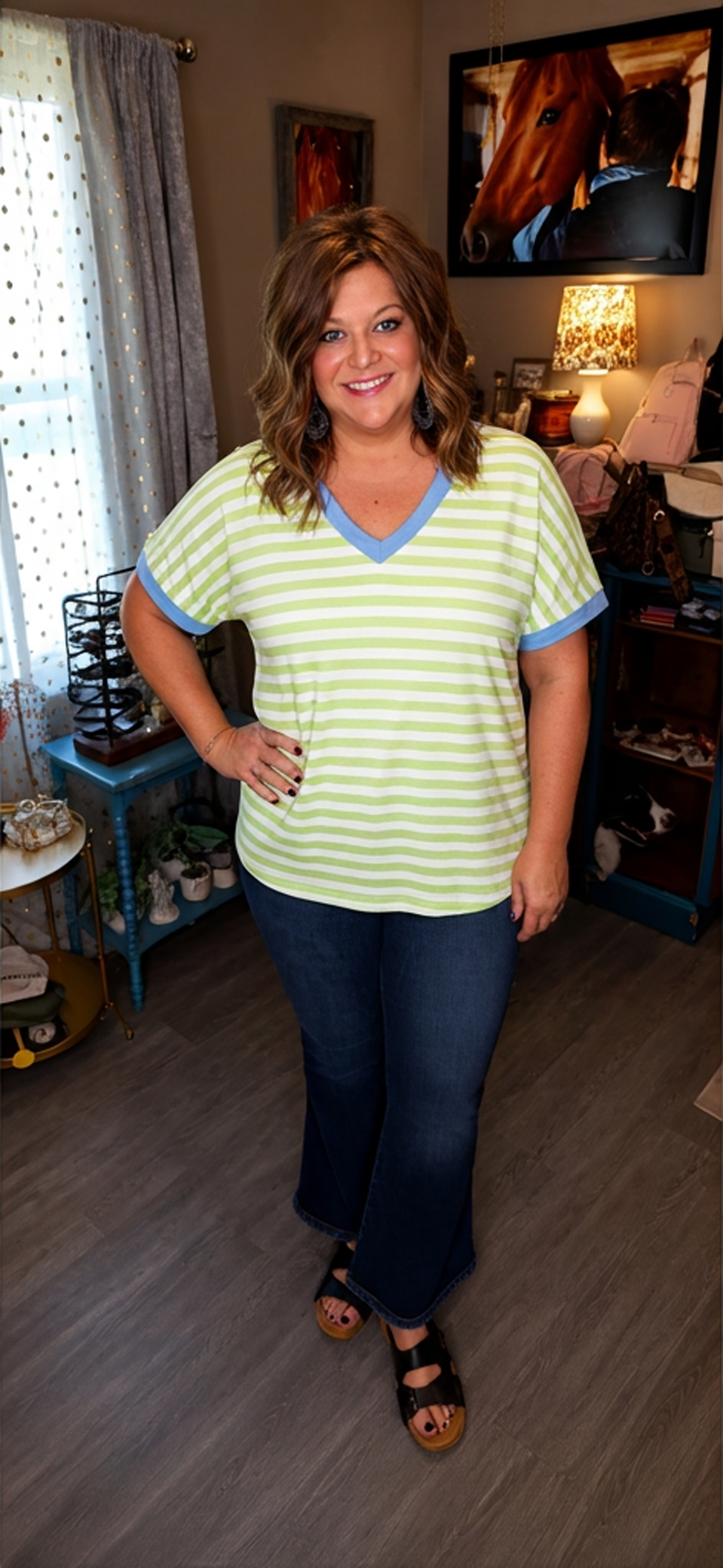 Dani- Blue Trim and Neon Green Striped V Neck Tee