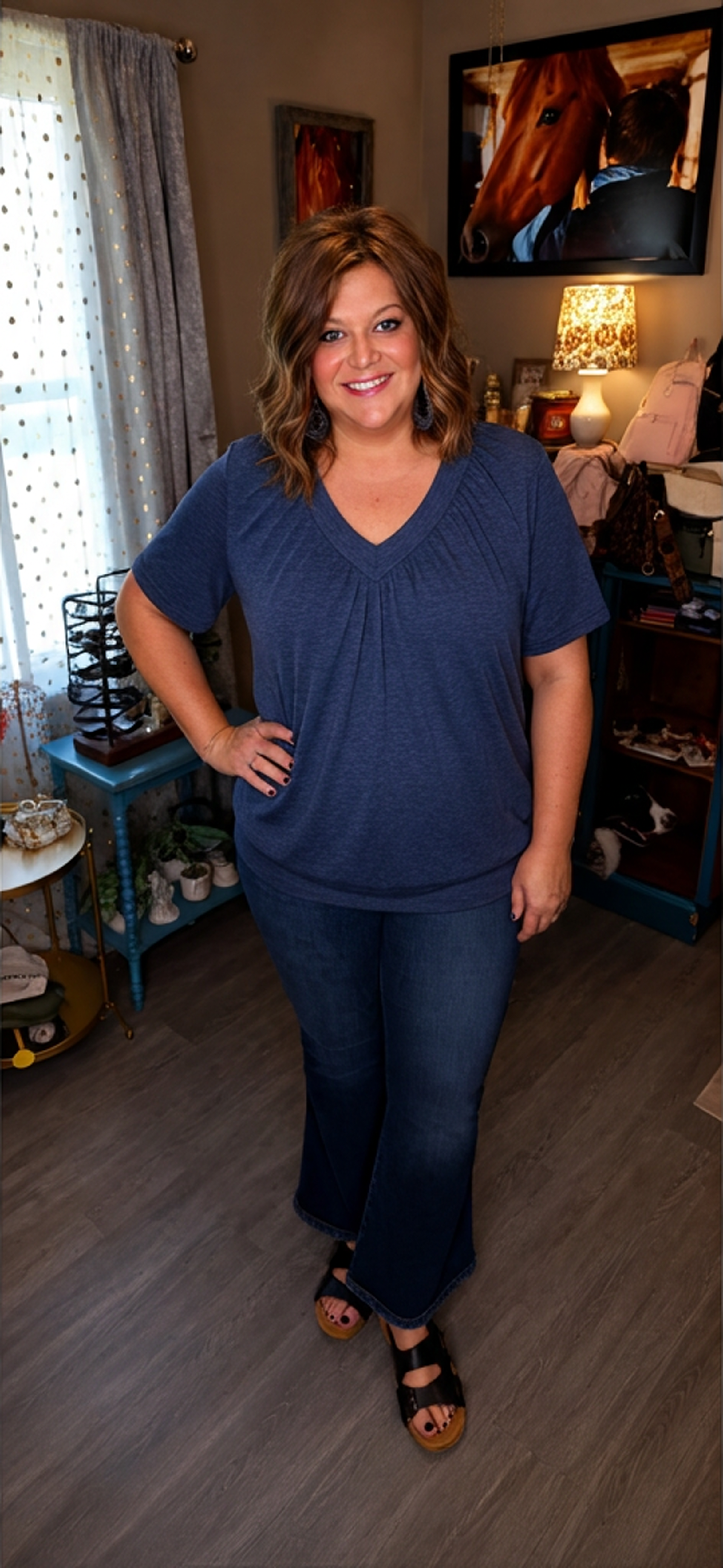 Olivia - Heathered Blue Gathered V Neck Tee with Banded Hem (Copy)