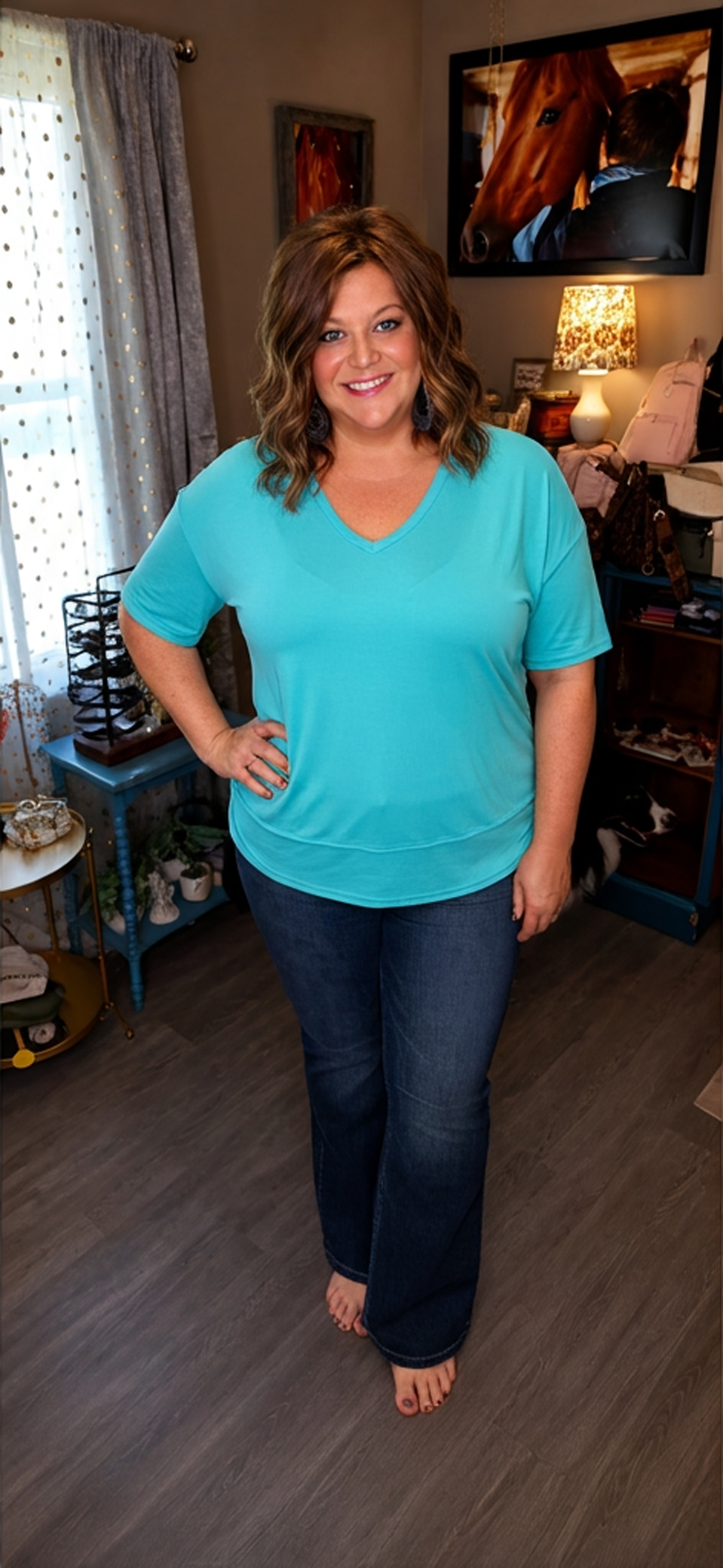 Anna- Turquoise V Neck Hem Detail Top