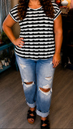 Black Waves- Striped Crewneck Cap Sleeve Top