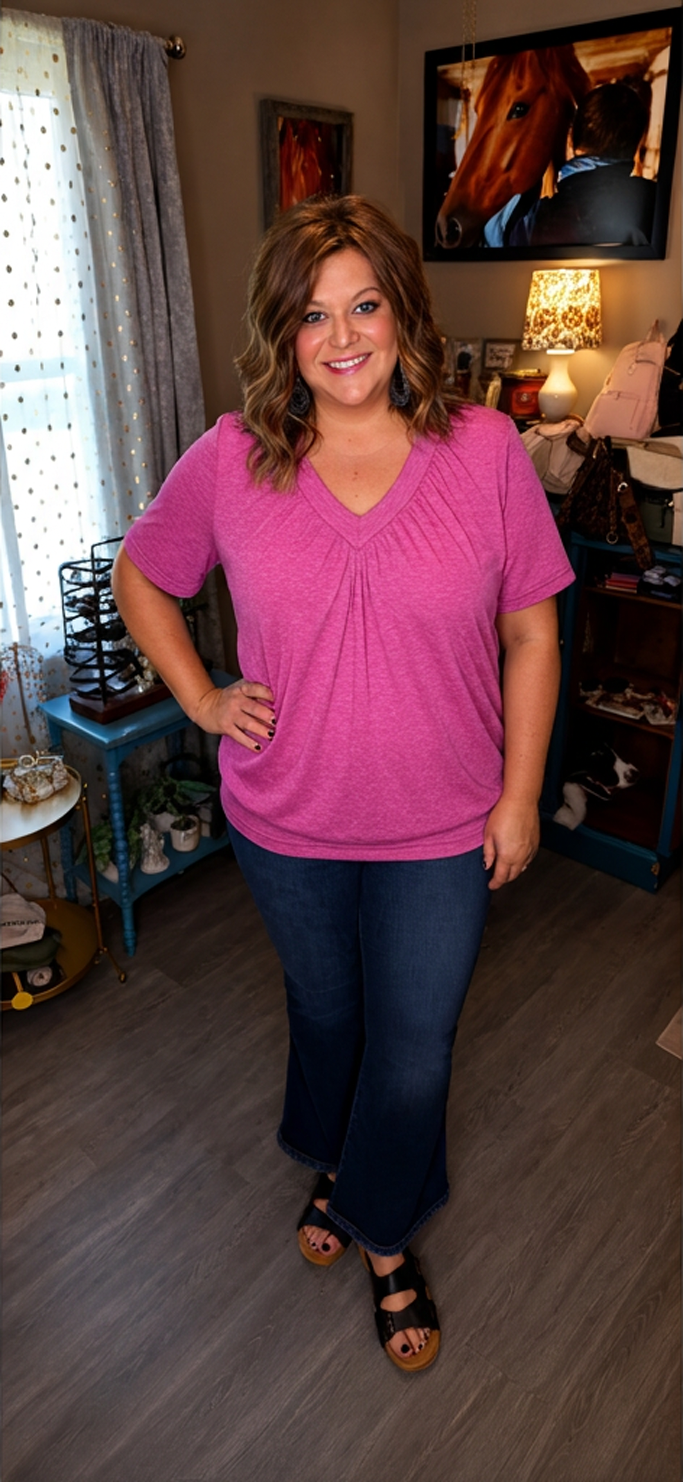 Olivia - Heathered Berry Gathered V Neck Tee with Banded Hem