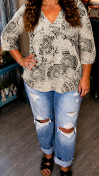 Anywhere You Go- V neck 3/4 Sleeve Beige and Black Abstract Design