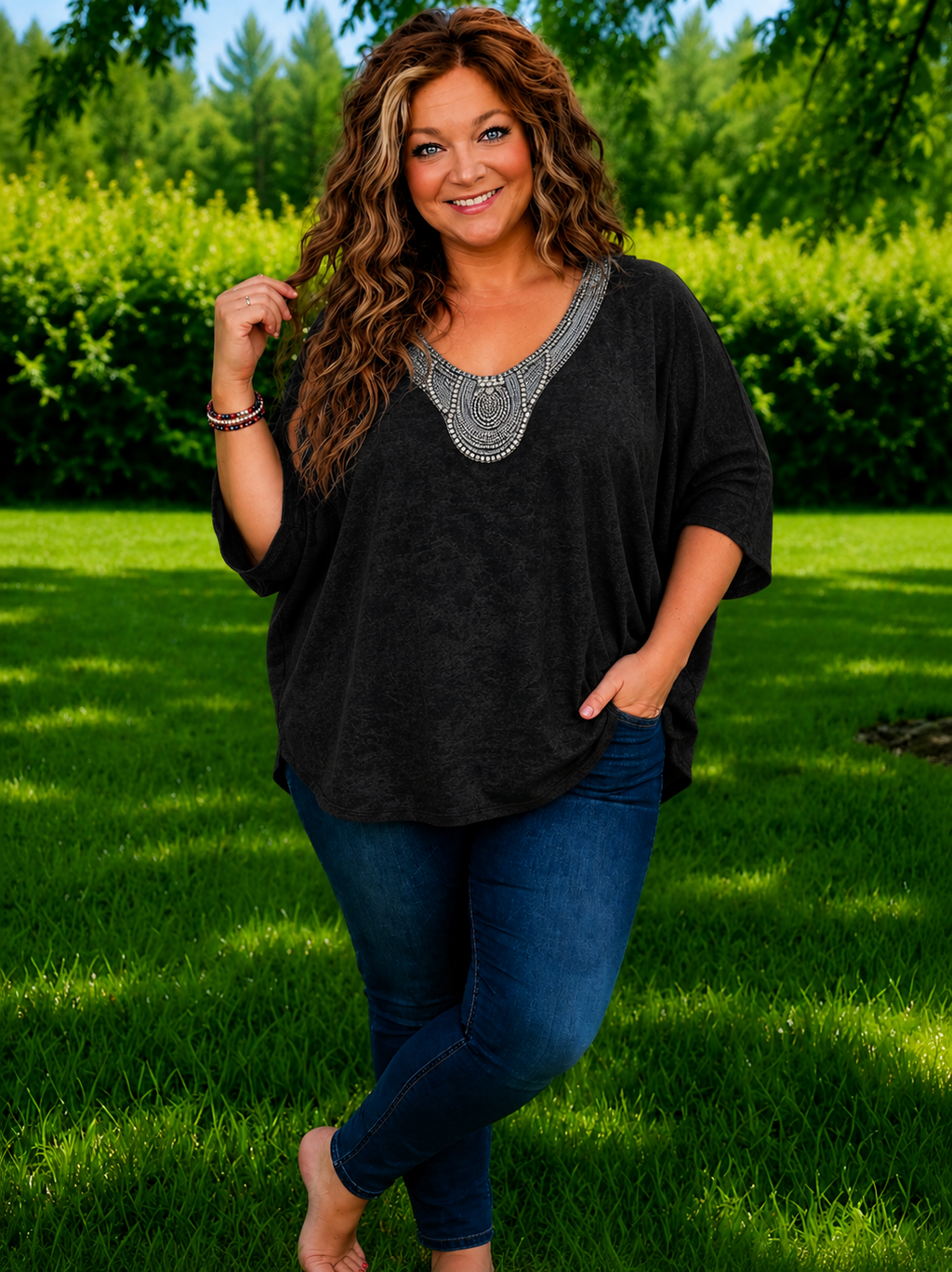 All That Jazz- Oversized Jeweled Neck Top