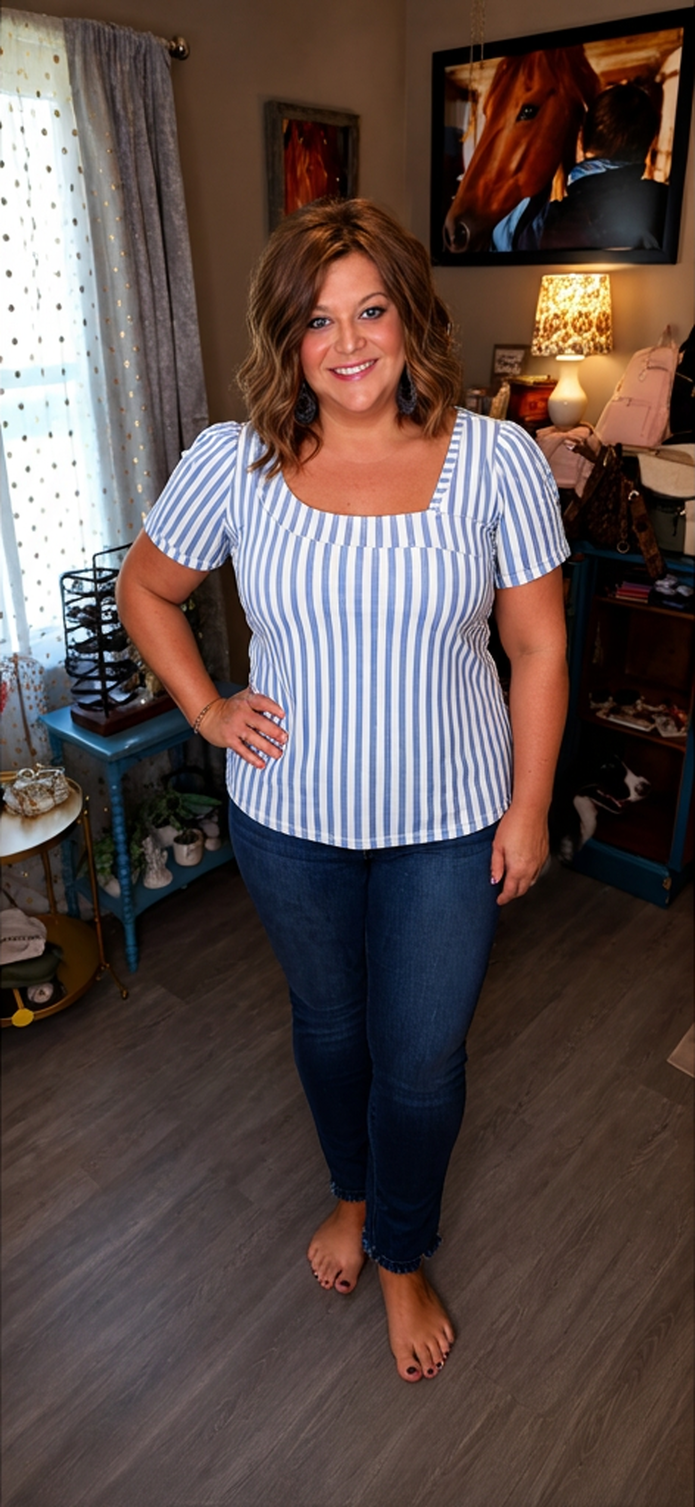 Kirsten- Blue Striped Puff Sleeve Top